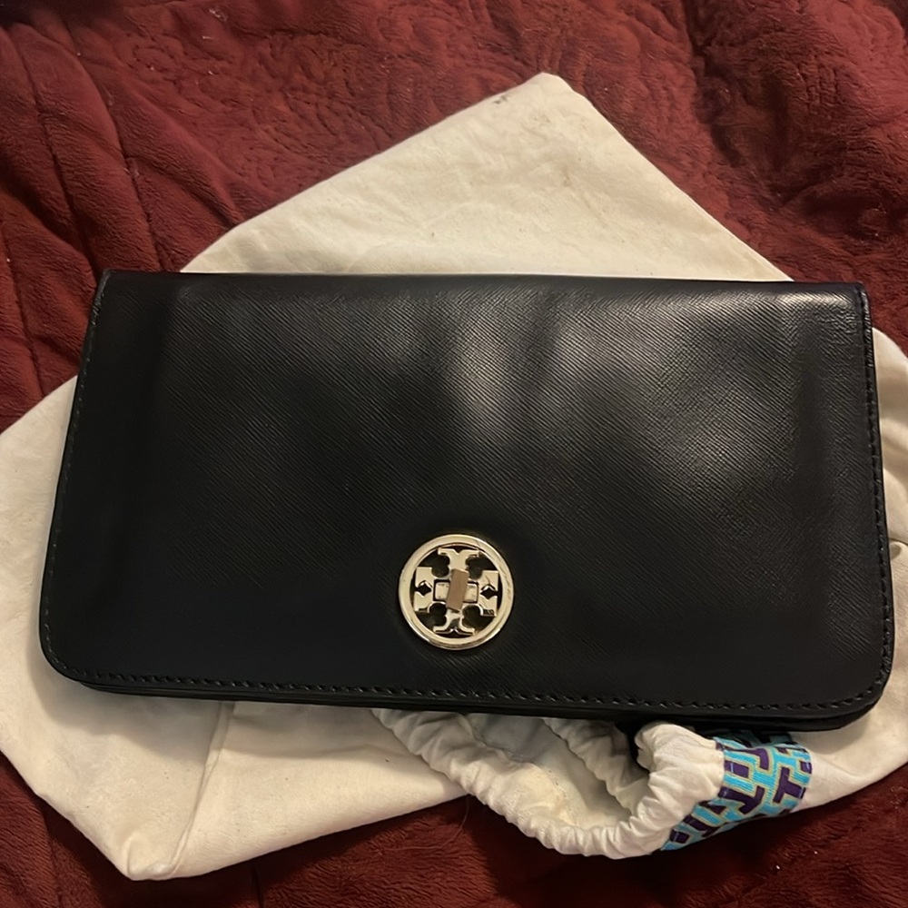 Tory Burch Black Leather Envelope Bag Clutch‎ W/ Detachable Chain Designer READ
